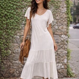 NWT FREE PEOPLE Oatmeal Ruffled Back Laced Terrazo Maxi Dress, M